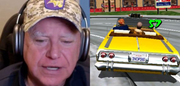 a split image of Crazy Taxi and Tim Walz.