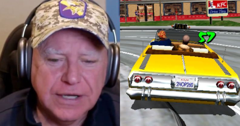 a split image of Crazy Taxi and Tim Walz.