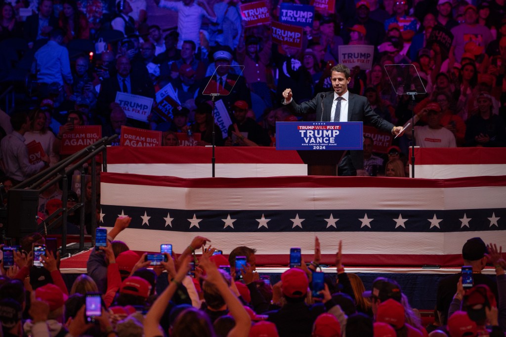 Comedian Tony Hinchcliffe at a rally for former president Donald Trump at Madison Square Garden in New York.