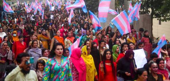 Pakistan's transgender community activists and supporters gather during Moorat march in Karachi on November 19, 2023. (Photo by Asif HASSAN / AFP) (Photo by ASIF HASSAN/AFP via Getty Images)