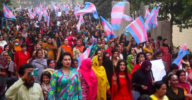 Pakistan's transgender community activists and supporters gather during Moorat march in Karachi on November 19, 2023. (Photo by Asif HASSAN / AFP) (Photo by ASIF HASSAN/AFP via Getty Images)