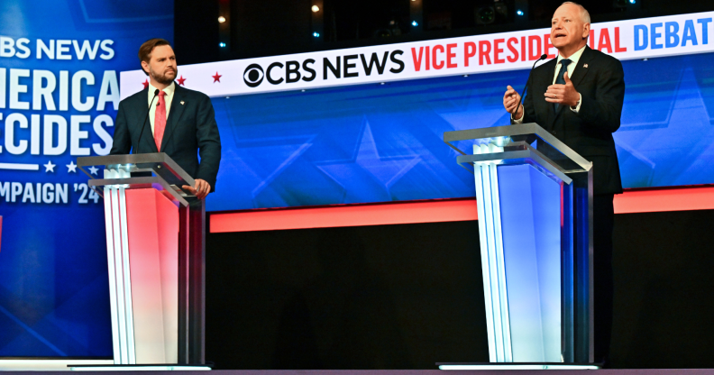 JD Vance and Tim Walz at the 2024 United States vice presidential debate.