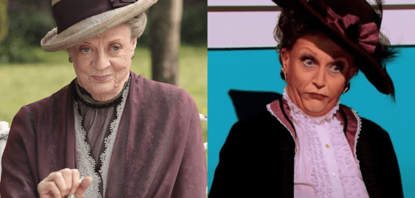 Split photo of Dame Maggie Smith and BenDeLaCreme impersonating Maggie Smith.