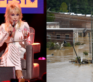 Split photo of Dolly Parton, and the aftermath of Hurricane Helene.