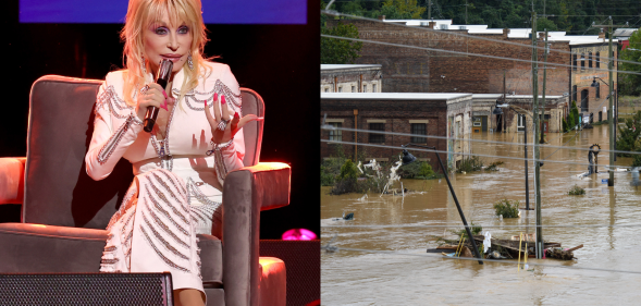 Split photo of Dolly Parton, and the aftermath of Hurricane Helene.