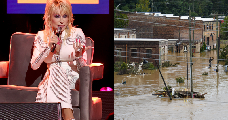 Split photo of Dolly Parton, and the aftermath of Hurricane Helene.