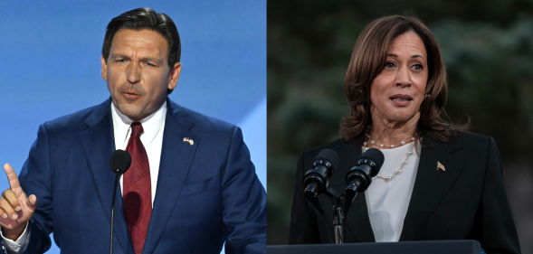 Split photo of Ron DeSantis and Kamala Harris.