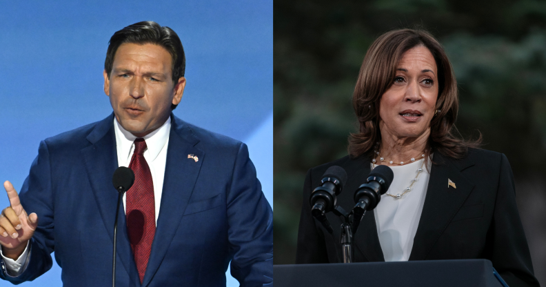 Split photo of Ron DeSantis and Kamala Harris.