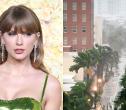 Split photo of Taylor Swift and Florida during Hurricane Milton.