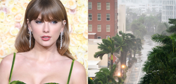 Split photo of Taylor Swift and Florida during Hurricane Milton.