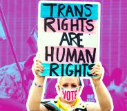 An edited image of a person holding a sign reading trans rights are human rights.