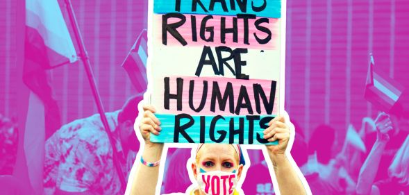 An edited image of a person holding a sign reading trans rights are human rights.