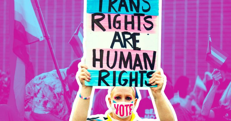 An edited image of a person holding a sign reading trans rights are human rights.