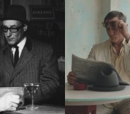 William Burroughs at a Paris bar and a still of Daniel Craig reading a newspaper in Queer