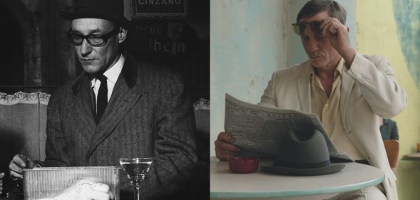 William Burroughs at a Paris bar and a still of Daniel Craig reading a newspaper in Queer