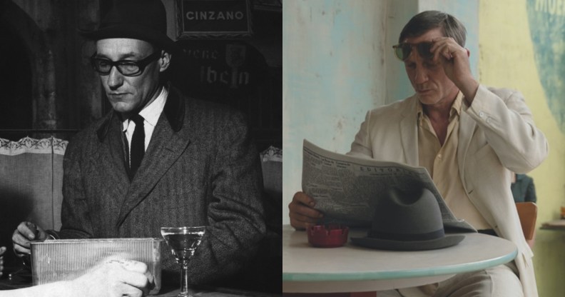 William Burroughs at a Paris bar and a still of Daniel Craig reading a newspaper in Queer