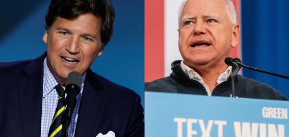 Tucker Carlson (left) and Tim Walz (right)