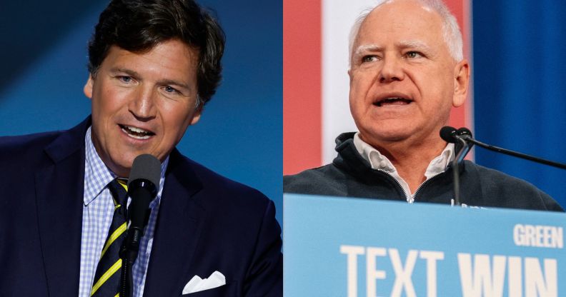 Tucker Carlson (left) and Tim Walz (right)