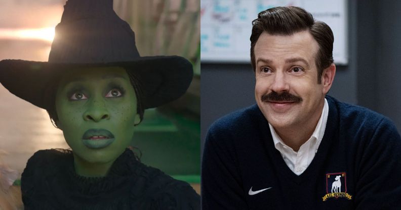 An image composite featuring Elphaba from Wicked and Ted Lasso from Ted Lasso