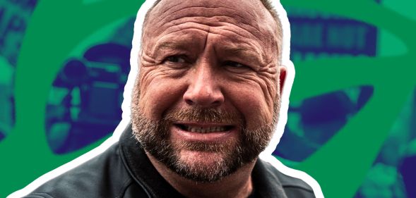 Alex Jones infront of an edited picture of The Onion logo.