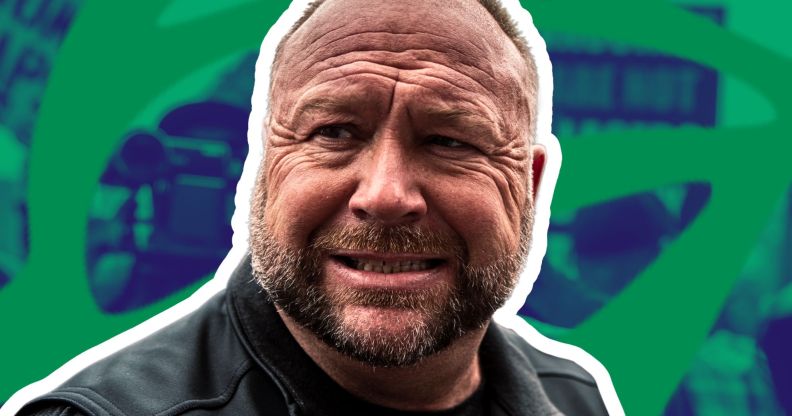 Alex Jones infront of an edited picture of The Onion logo.