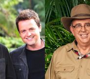 Two photos side by side showing tv hosts ant and dec (left) and im a celebrity campmate reverend richard coles.