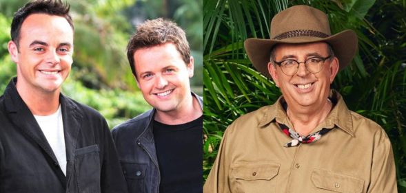 Two photos side by side showing tv hosts ant and dec (left) and im a celebrity campmate reverend richard coles.