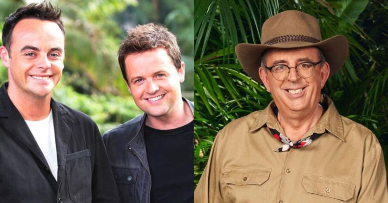 Two photos side by side showing tv hosts ant and dec (left) and im a celebrity campmate reverend richard coles.