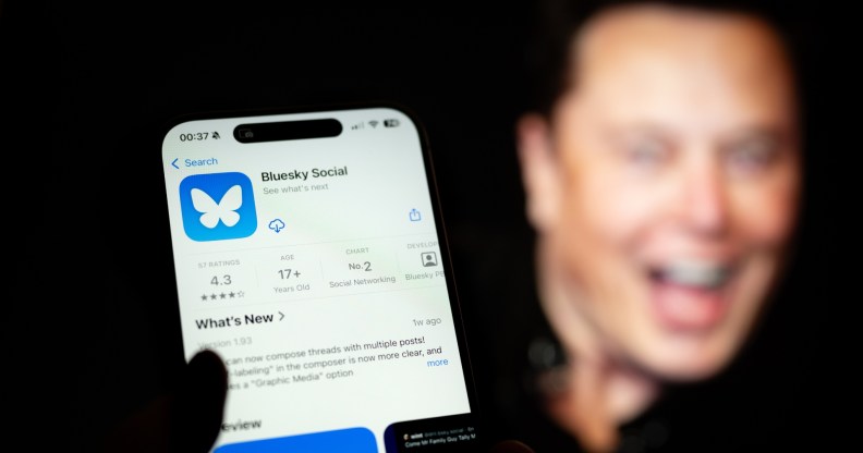 The Bluesky and X, formerly known as Twitter applications are seen in this illustration photo with Elon Musk smiling in the background.