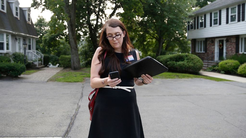 Congressional candidate Brianna Wu canvasses for votes in Dedham, MA on Aug. 16, 2018