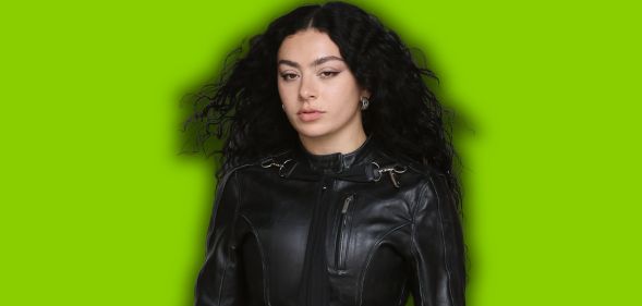 Charli XCX against a brat green background