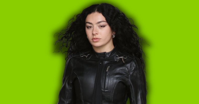 Charli XCX against a brat green background