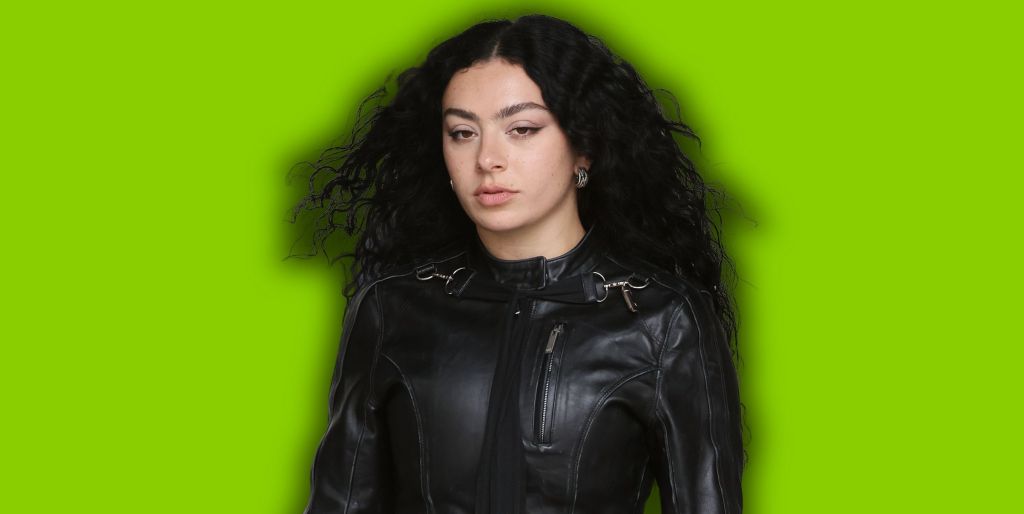 Charli XCX against a brat green background