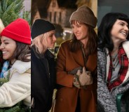 Friends & Family Christmas; a blonde and brunet taking a selfie in front of christmas trees. Kristen Stewart and Mackenzie Davis star in Happiest Season, walking outside holding hands. Under the Christmas Tree still; two women in Christmas jumpers leaning close.