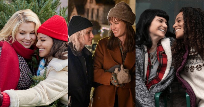 Friends & Family Christmas; a blonde and brunet taking a selfie in front of christmas trees. Kristen Stewart and Mackenzie Davis star in Happiest Season, walking outside holding hands. Under the Christmas Tree still; two women in Christmas jumpers leaning close.