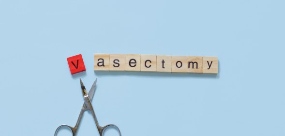 Scrabble letters spelling out 'vasectomy' with a scissor between the 'v' and 'a'.