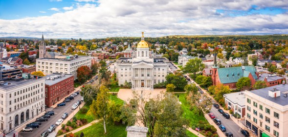 Aerial view of Concord and the New Hampshire State House. The capitol houses the New Hampshire General Court, Governor, and Executive Council.