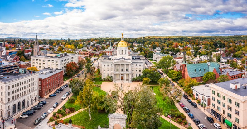 Aerial view of Concord and the New Hampshire State House. The capitol houses the New Hampshire General Court, Governor, and Executive Council.