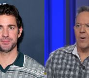 Actor John Krasinski on a red carpet (left) and Fox News pundit Greg Gutfeld talking on The Five (right).