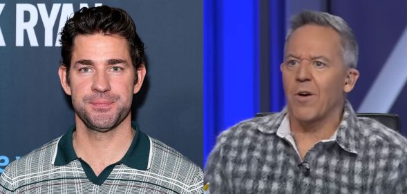 Actor John Krasinski on a red carpet (left) and Fox News pundit Greg Gutfeld talking on The Five (right).