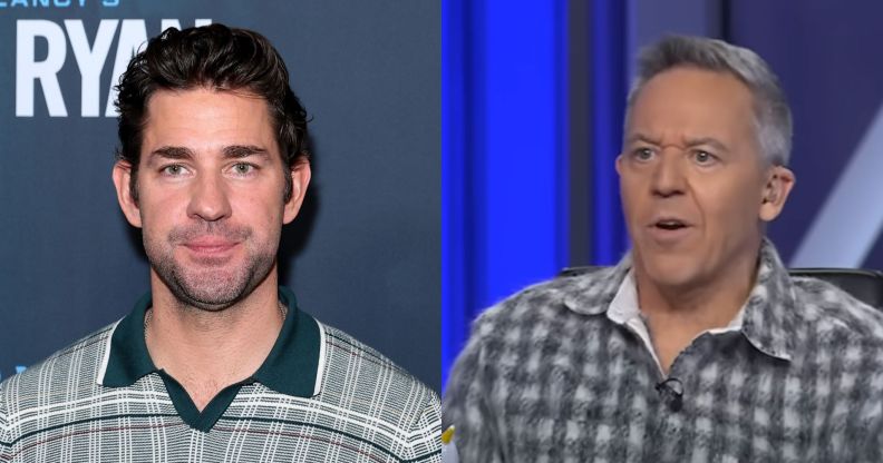 Actor John Krasinski on a red carpet (left) and Fox News pundit Greg Gutfeld talking on The Five (right).