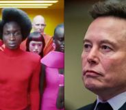 A still from Jaguar's rebranded car advert (left) and Elon Musk (right)