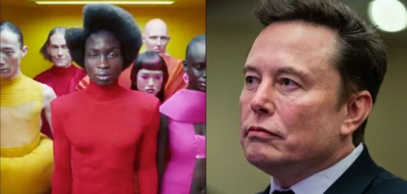 A still from Jaguar's rebranded car advert (left) and Elon Musk (right)