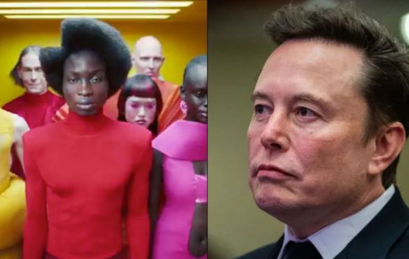 A still from Jaguar's rebranded car advert (left) and Elon Musk (right)