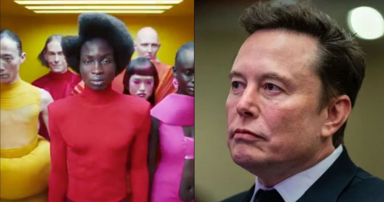 A still from Jaguar's rebranded car advert (left) and Elon Musk (right)