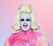 Drag star Juno Birch against a pink and blue background