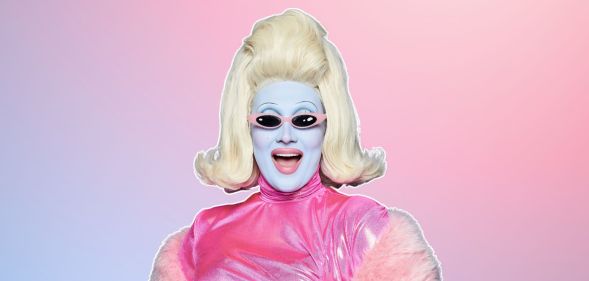 Drag star Juno Birch against a pink and blue background