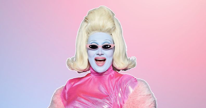 Drag star Juno Birch against a pink and blue background