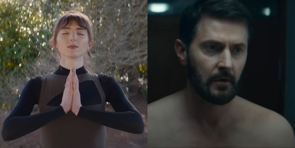 Two stills from the Missing You trailer showing Mary Malone in a yoga pose and Richard Armitage topless and looking shocked