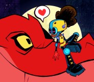 Moon Girl and Devil Dinosaur still, a young girl kissing the head of a huge red dinosaur